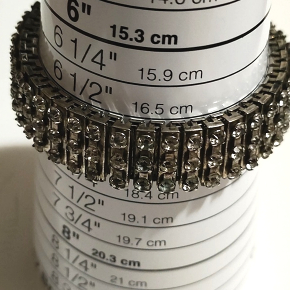 VINTAGE 60s 3-ROW RHODIUM PLALTED PRONG SET RHINESTONE EXPANDABLE 6-7" BRACELET - Picture 9 of 9